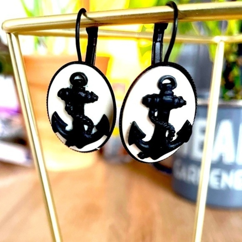 Black and White Anchor Cameo Handmade Lever Back Earrings, Unworn, New